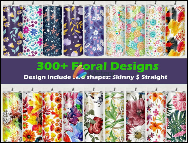 300+ Floral tumbler designs svg, png, eps, dxf  for cricut and print including two shape skinny and straight