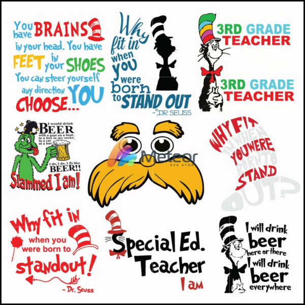 Dr seuss bundle svg, dr seuss quotes svg, dr seuss saying svg, why fit in when you were born to stand out?,hat off dr seuss svg,green eggs and ham, lorax svg, png, dxf, eps digital file Dr bundle 15
