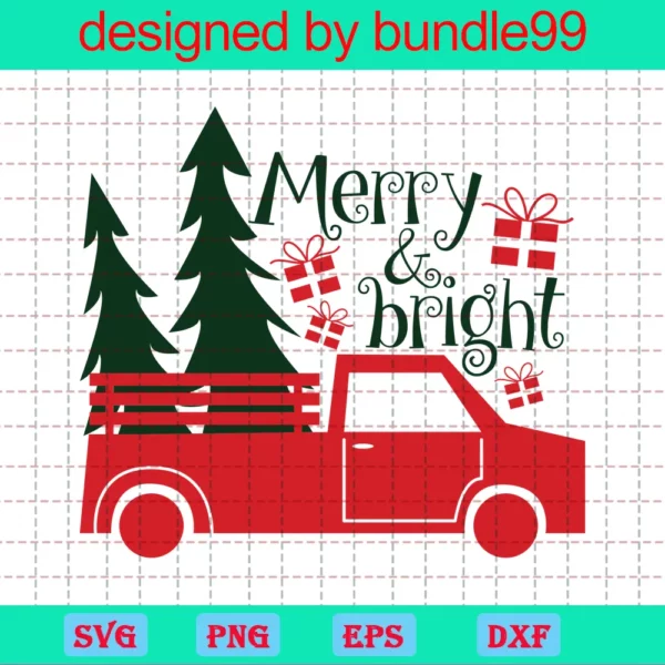 Merry And Bright Svg, Red Christmas Truck Svg