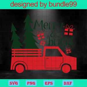 Merry And Bright Svg, Red Christmas Truck Svg Invert