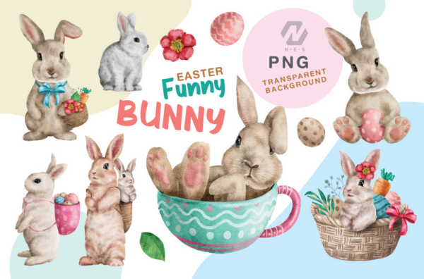 Cute Bunny Easter Watercolor Collection Png