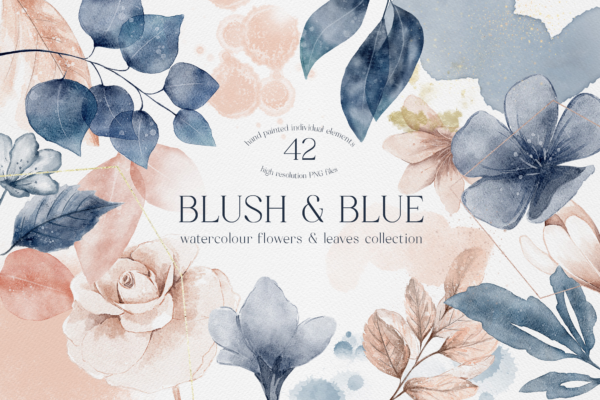 Blush And Blue Leaves Florals Watercolor Graphic Png
