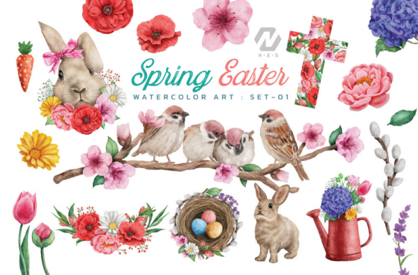 Spring Easter Watercolor Art Collection Png