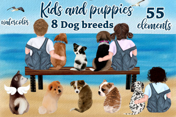 Hand Painted Kids And Puppies Clipart Png