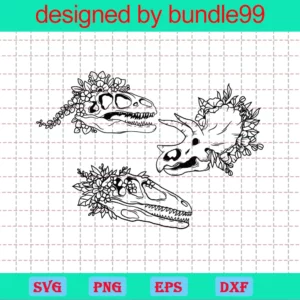 Floral Dinosaur Skull Clipart, Svg Png Dxf Eps Digital Download