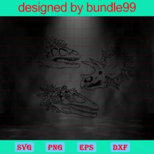 Floral Dinosaur Skull Clipart, Svg Png Dxf Eps Digital Download Invert