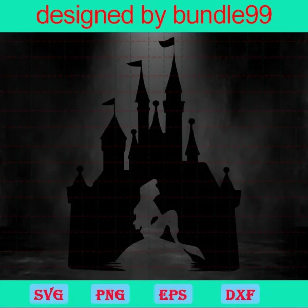 Ariel With Disney Castle Silhouette Png, Downloadable Files Invert